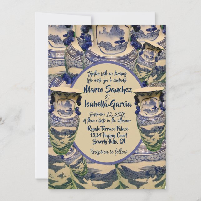 Invitación Elegante boda de estilo chinoiserie azul y blanco (Anverso)