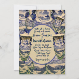 Invitación Elegante boda de estilo chinoiserie azul y blanco