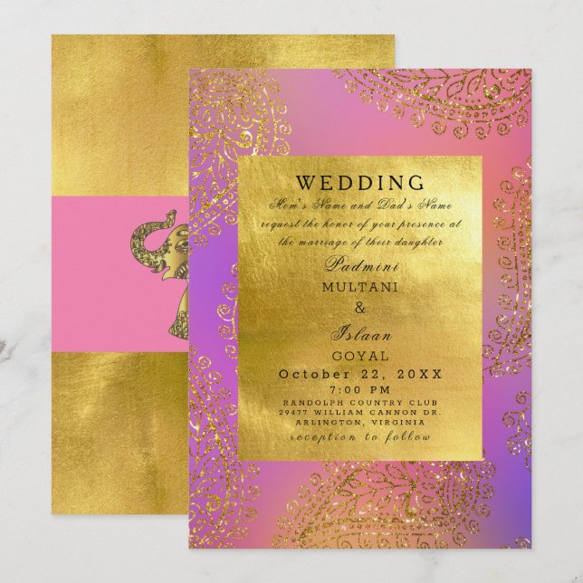 Invitación Elegante Boda de estilo indio dorado y rosado (Anverso / Reverso)