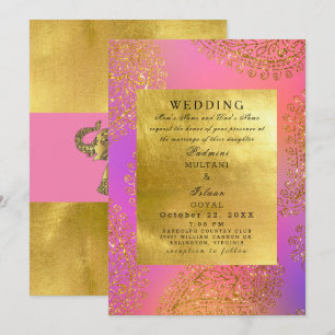 Invitación Elegante Boda de Estilo Indio en Oro y Rosa