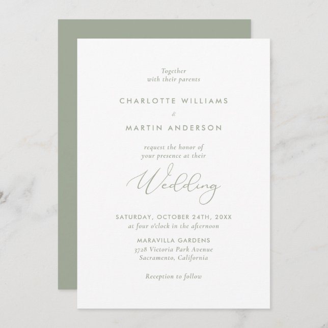 Invitación Elegante Boda de estilo moderno Sage Green (Anverso / Reverso)