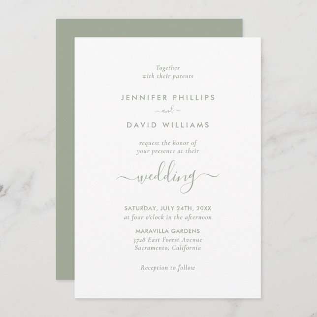 Invitación Elegante Boda de estilo moderno Sage Green (Anverso / Reverso)