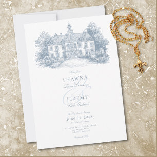 Invitación Elegante boda de estilo Toile azul polvoriento en 