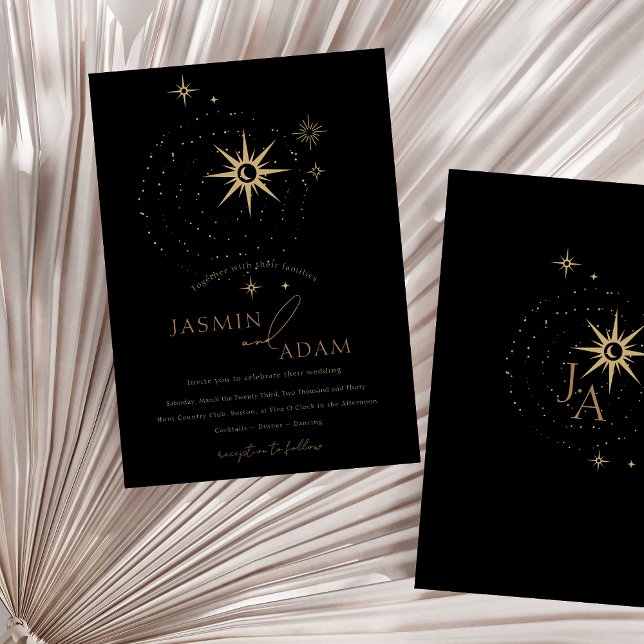 Invitación Elegante Boda de Estrellas Celestiales de Oro Negr (Celestial Gold and Black Stars Wedding Invitation)