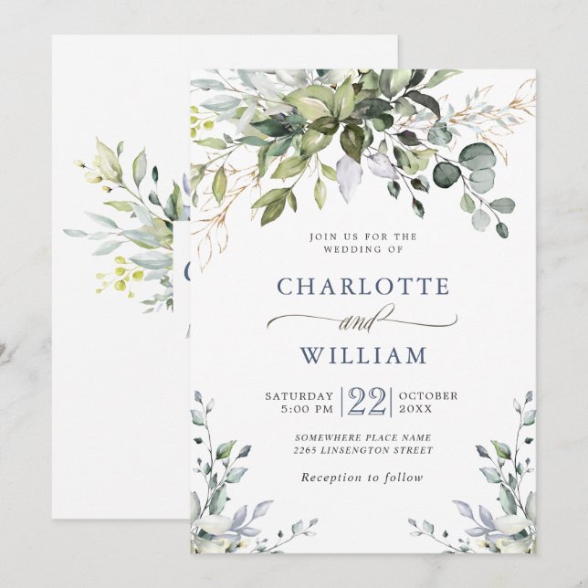 Invitación Elegante Boda de Eucalipto Acuarela Verdes (Anverso / Reverso)