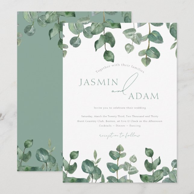 Invitación Elegante Boda de Eucalipto con Acuarela Verde Salv (Anverso / Reverso)
