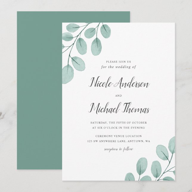 Invitación Elegante Boda de Eucalipto de color de agua (Anverso / Reverso)