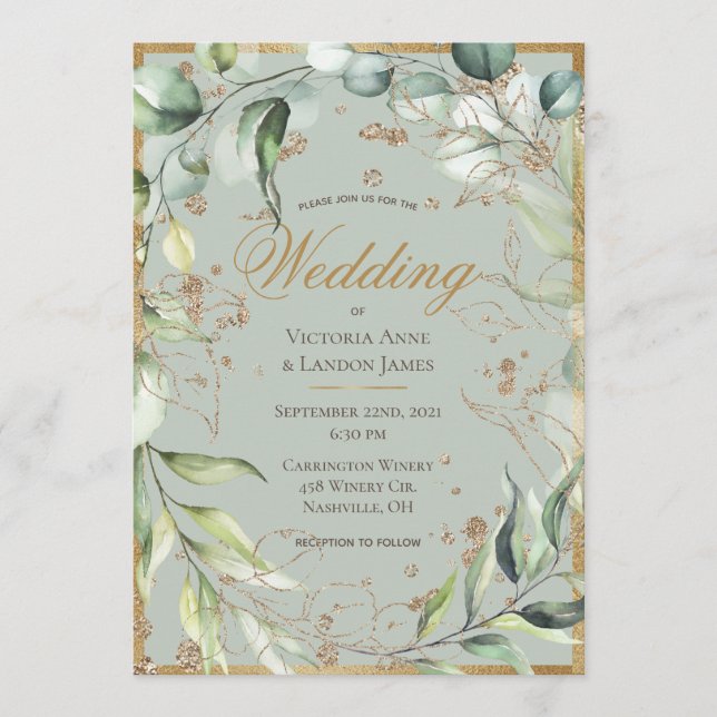 Invitación Elegante Boda de Eucalipto de Oro de Verdor Rústic (Anverso)