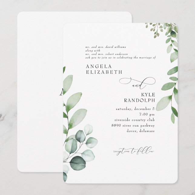 Invitación Elegante Boda de Eucalipto en cascada (Anverso / Reverso)