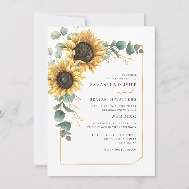 Invitación Elegante Boda de Eucalipto floral de girasol flora (Anverso)