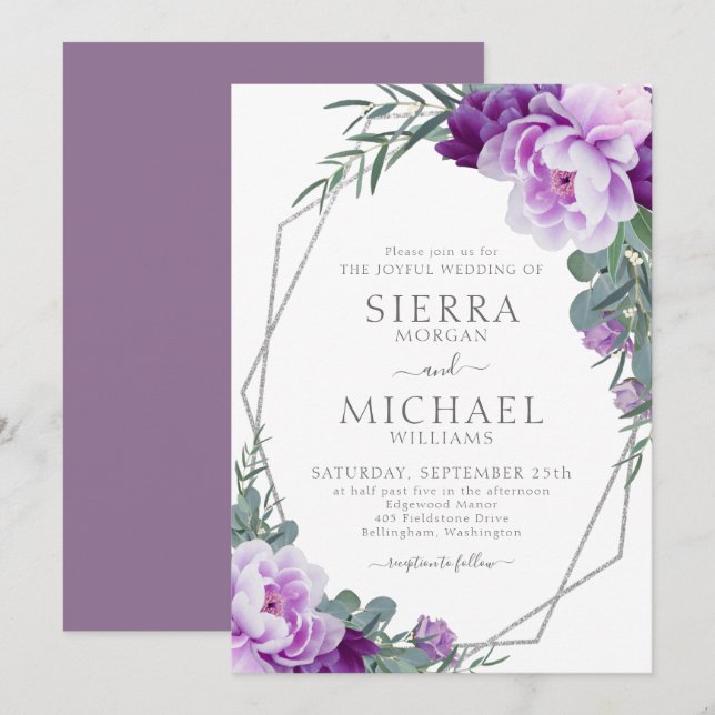 Invitación Elegante Boda de Eucalipto floral plateado y morad (Anverso / Reverso)