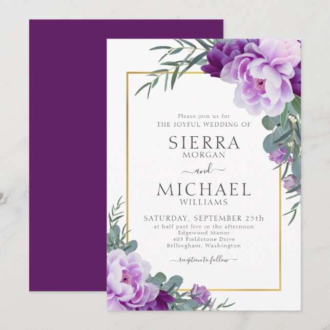 Invitación Elegante Boda de Eucalipto morado y dorado floral (Anverso / Reverso)