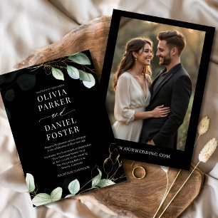 Invitación Elegante Boda de Eucalipto Negro Fotográfico Verde