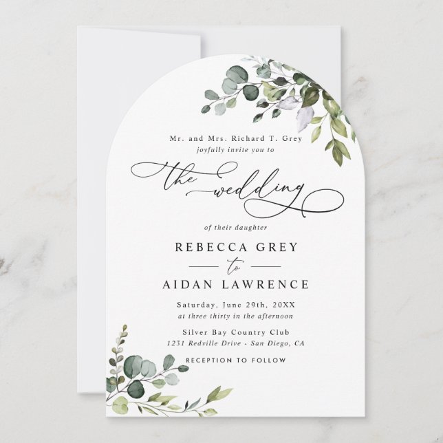 Invitación Elegante Boda de Eucalipto Rústico con arcos de ve (Anverso)