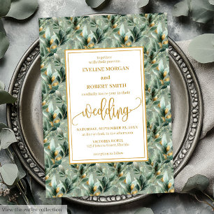 Invitación Elegante Boda de Eucaliptos de Oro Verde Profundo