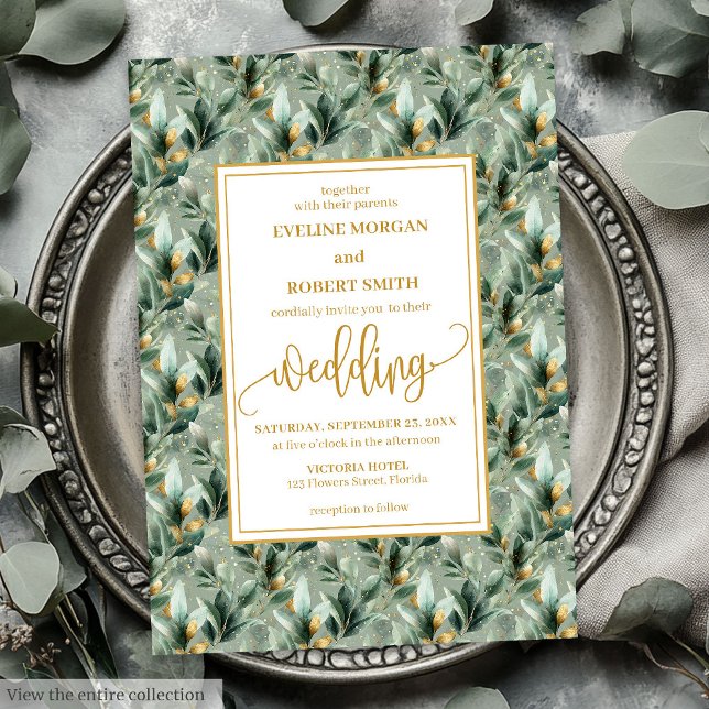 Invitación Elegante Boda de Eucaliptos de Oro Verde Profundo  (Elegant Deep Green Gold Eucalyptus Wedding Invitation)