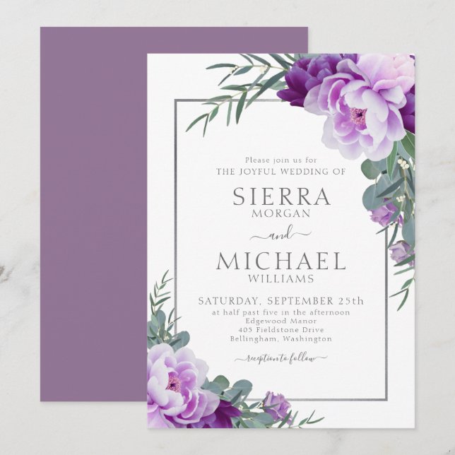 Invitación Elegante Boda de Eucaliptos Florales Morados y Pla (Anverso / Reverso)