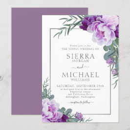 Invitación Elegante Boda de Eucaliptos Florales Morados y Pla