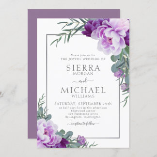Invitación Elegante Boda de Eucaliptos Florales Morados y Pla