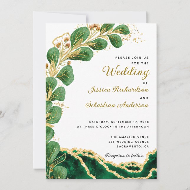 Invitación Elegante Boda de Eucalyptus del Agate Verde Esmera (Anverso)