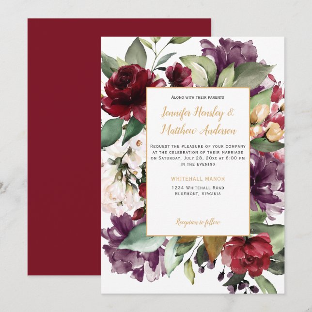 Invitación Elegante Boda de explosión de oro rojo morado (Anverso / Reverso)