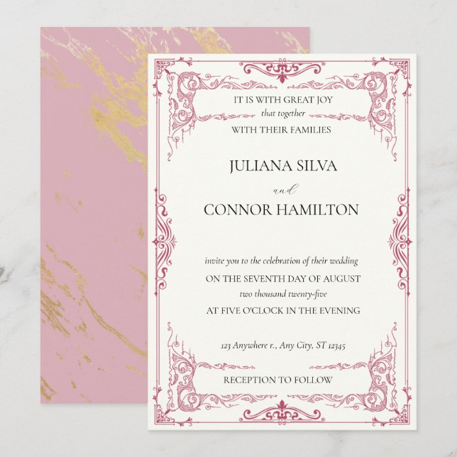 Invitación elegante boda de fiesta de té dorado (Anverso / Reverso)