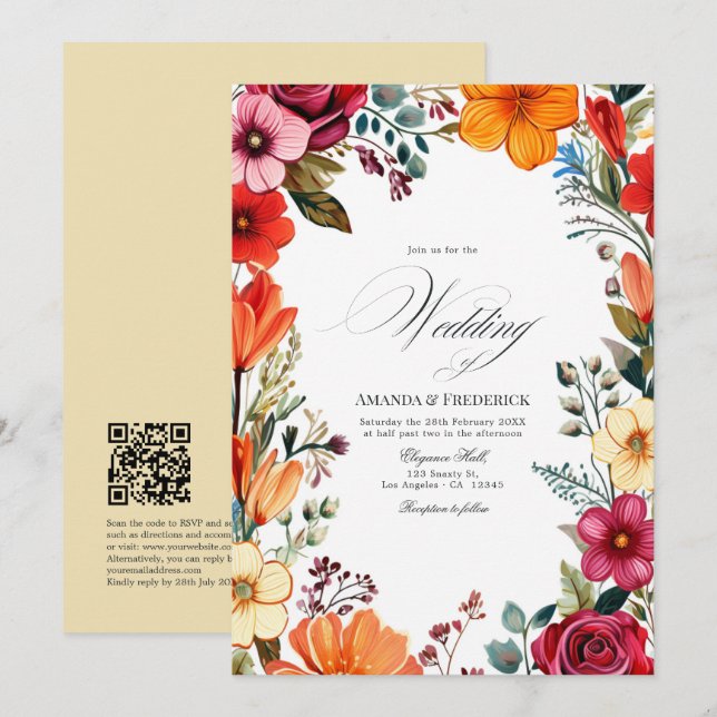 Invitación Elegante Boda de Fiesta Floral con Código QR (Anverso / Reverso)