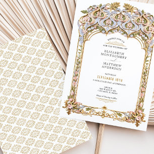 Invitación Elegante Boda de filigrana dorada y azul