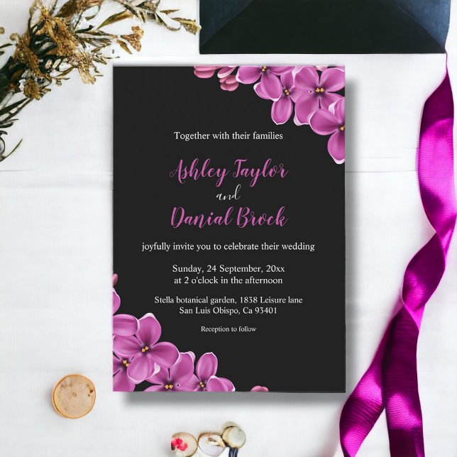 Invitación Elegante Boda de Flor Negra Floral Orquídea Púrpur (Subido por el creador)
