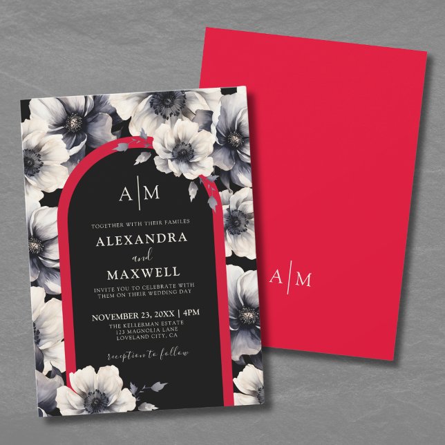 Invitación Elegante Boda de flor rojo negro moderno (Elegant Modern Black Red Floral Wedding Invitation)