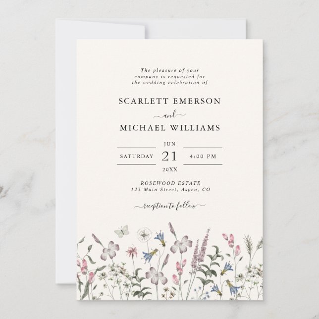 Invitación Elegante Boda de Flor Silvestre (Anverso)