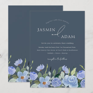 Invitación Elegante Boda de Flor Silvestre Azul Pizarra
