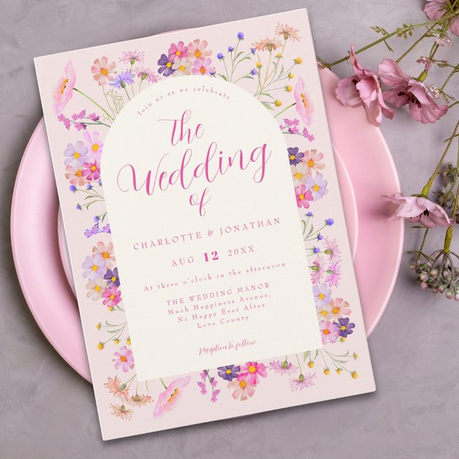 Invitación Elegante Boda de Flor Silvestre Boho Rosa (Elegant wildflower pink wedding invitation With watercolor pastel florals)