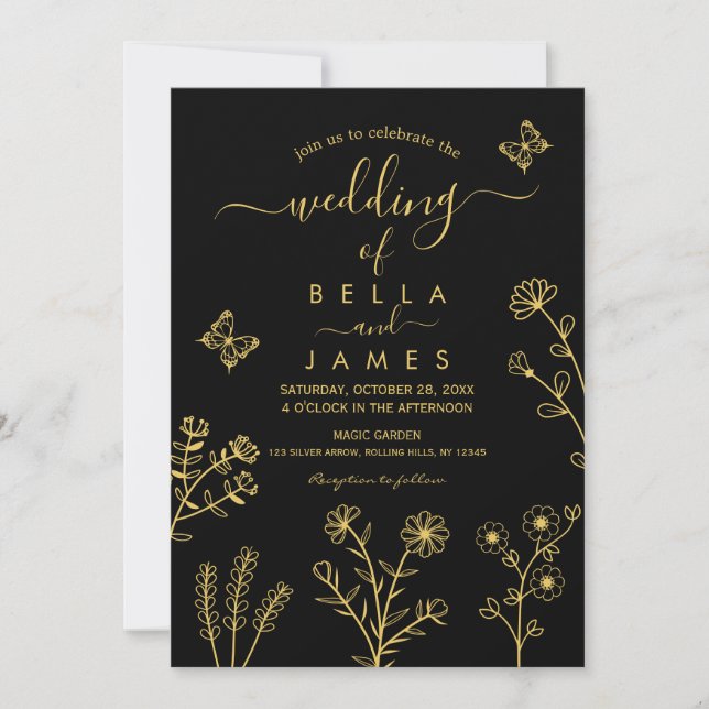 Invitación Elegante Boda de Flor Silvestre Negra y Oro (Anverso)