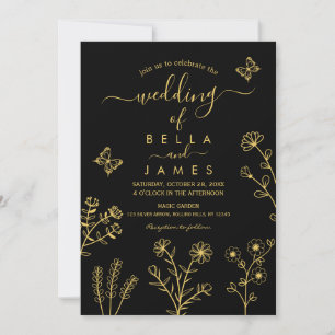 Invitación Elegante Boda de Flor Silvestre Negra y Oro