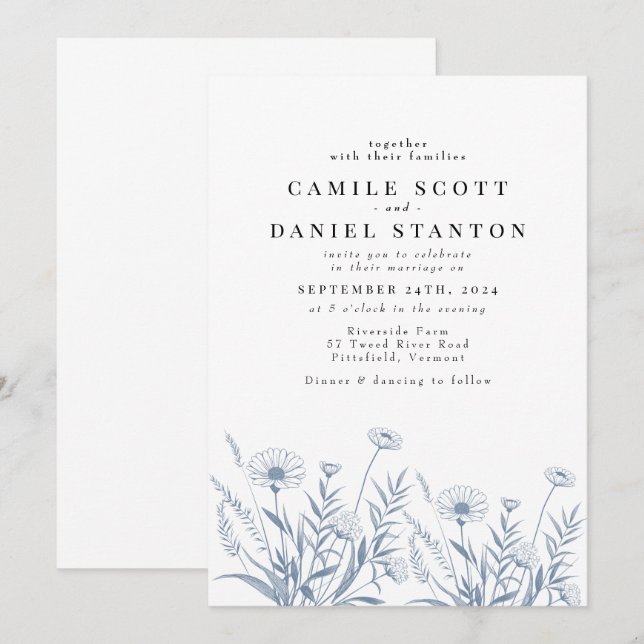 Invitación Elegante Boda de Flor Silvestre Periwinkle (Anverso / Reverso)