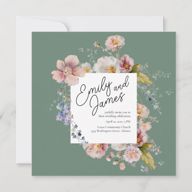 Invitación Elegante Boda de Flor Silvestre Sage Green Garden (Anverso)