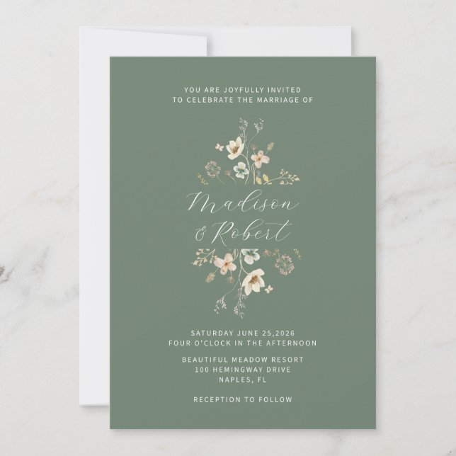 Invitación Elegante Boda de Flor Silvestre Sage Green Waterco (Anverso)