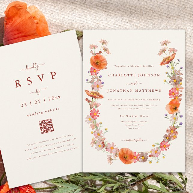 Invitación Elegante Boda de Flor Silvestre Wreath Fall (boho wildflower wreath fall wedding invitation with elegant burnt orange script and qr code)