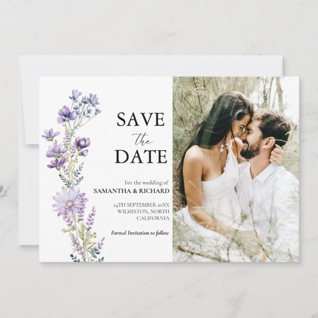 Invitación Elegante Boda De Flora Silvestre Púrpura Salva La  (Anverso)
