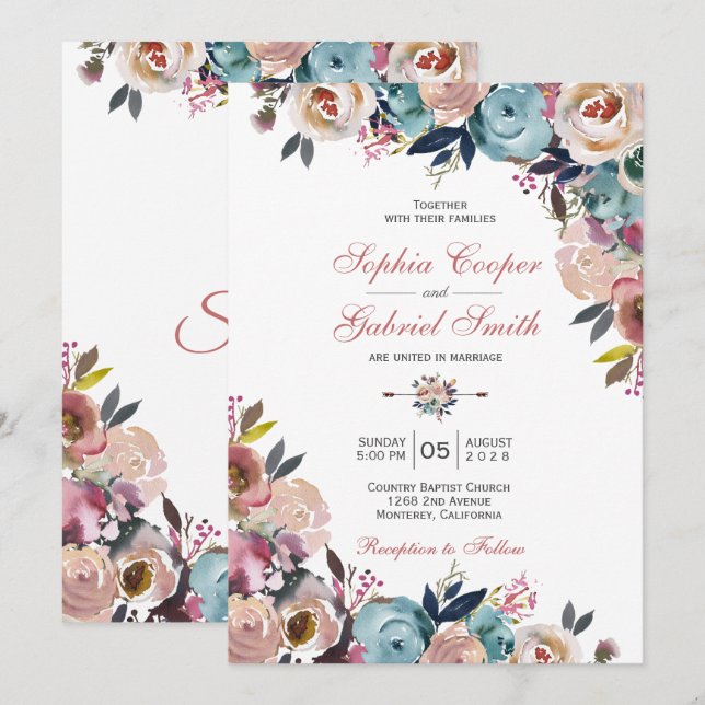 Invitación Elegante Boda de Floral Azul rosa y turbio (Anverso / Reverso)