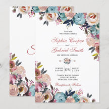 Elegante Boda de Floral Azul rosa y turbio
