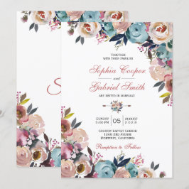 Invitación Elegante Boda de Floral Azul rosa y turbio