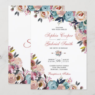 Invitación Elegante Boda de Floral Azul rosa y turbio