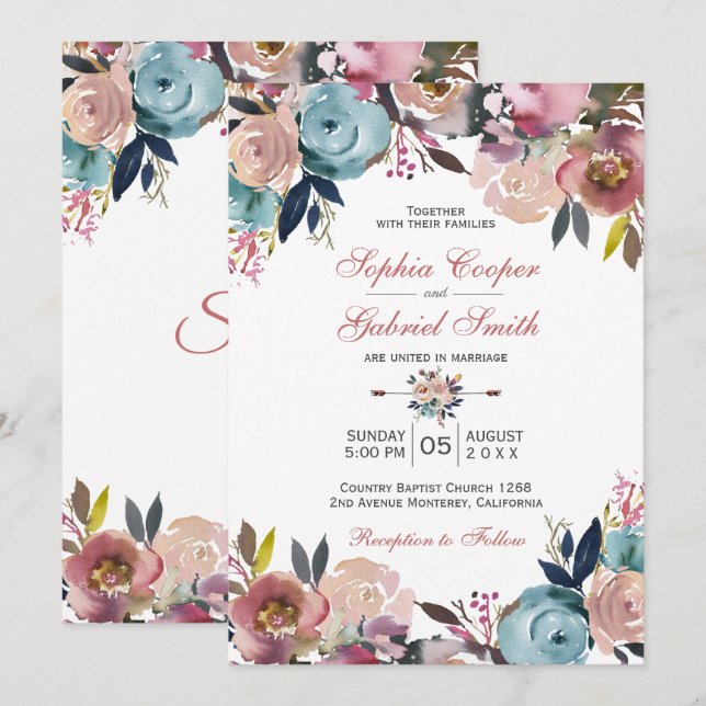 Invitación Elegante Boda de Floral Azul rosa y turbio (Anverso / Reverso)