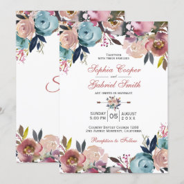 Invitación Elegante Boda de Floral Azul rosa y turbio
