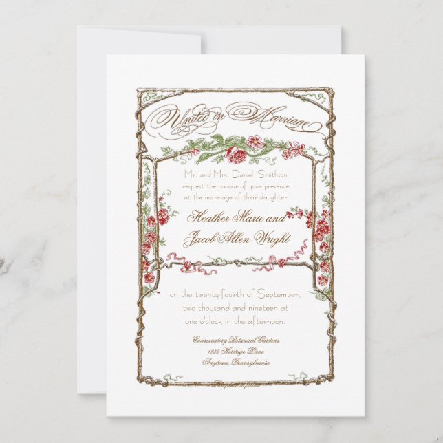 Invitación Elegante Boda de Floral de Rosa Roja Trellis (Anverso)