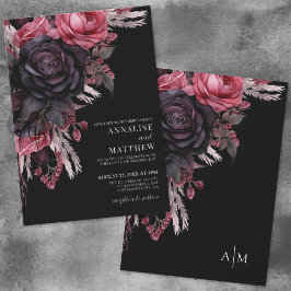 Invitación Elegante Boda de floral negra roja
