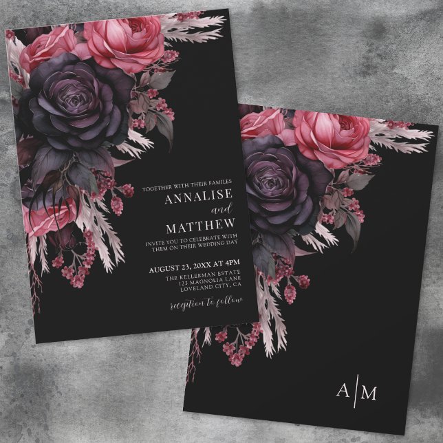 Invitación Elegante Boda de floral negra roja (Elegant Red Black Floral Wedding Invitation)