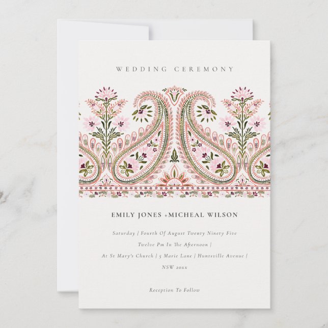 Invitación Elegante Boda de Floral Verde Rosa Paisley Motif (Anverso)